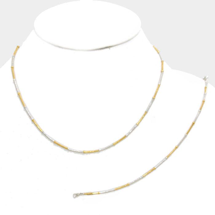 Silver Two Tone Station Metal Chain Necklace with Bracelet