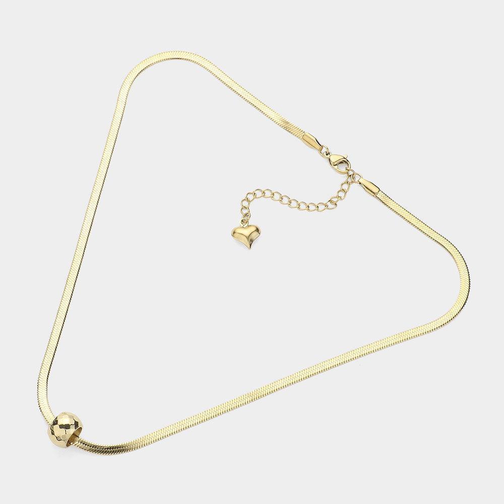 Gold Stainless Steel Textured Ring Pendant Herringbone Chain Necklace - Jewelry Store by Erik Rayo