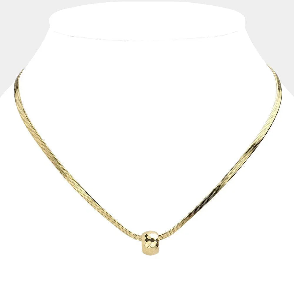Gold Stainless Steel Textured Ring Pendant Herringbone Chain Necklace - Jewelry Store by Erik Rayo