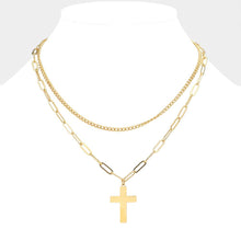 Load image into Gallery viewer, Gold Metal Cross Pendant Double Layered Necklace
