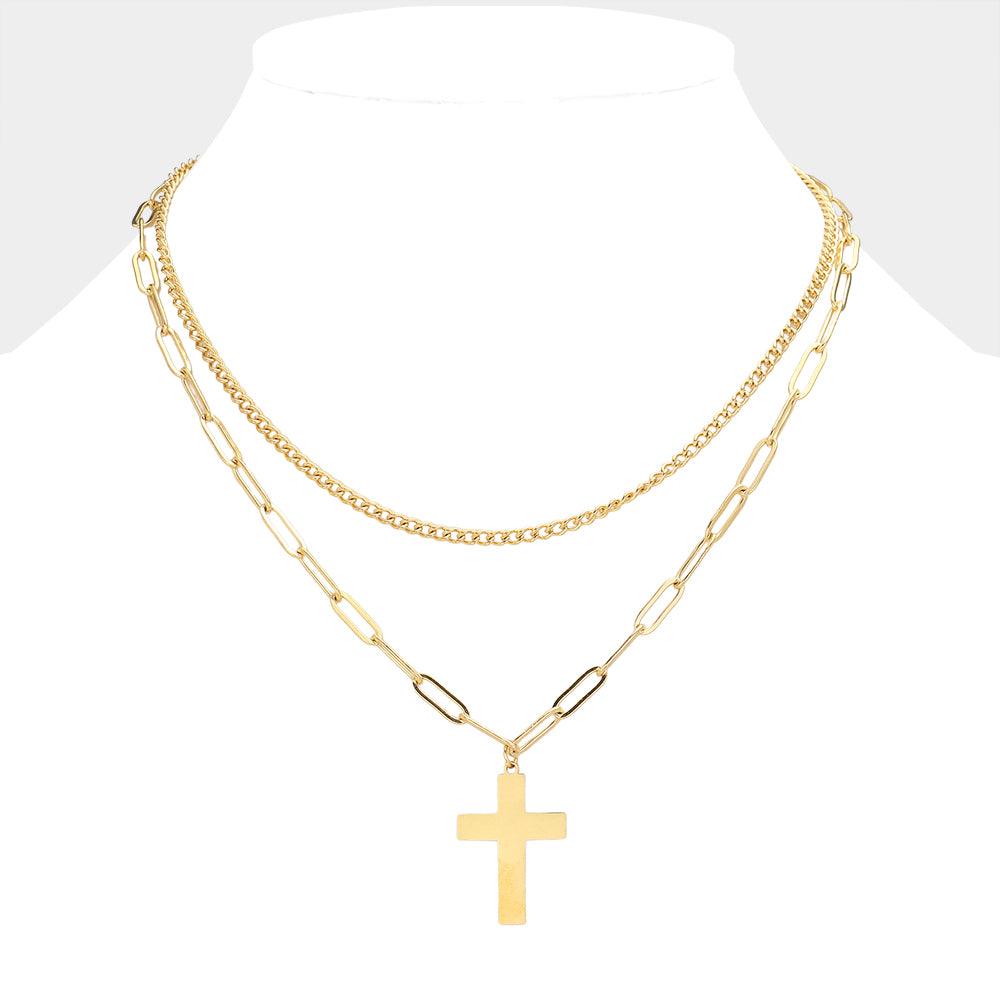 Gold Metal Cross Pendant Double Layered Necklace