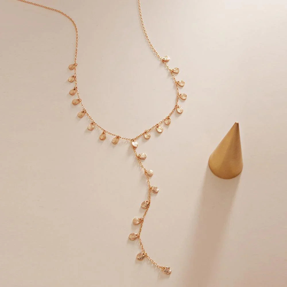 Gold Textured Metal Teardrop Station Y Necklace - Jewelry Store by Erik Rayo