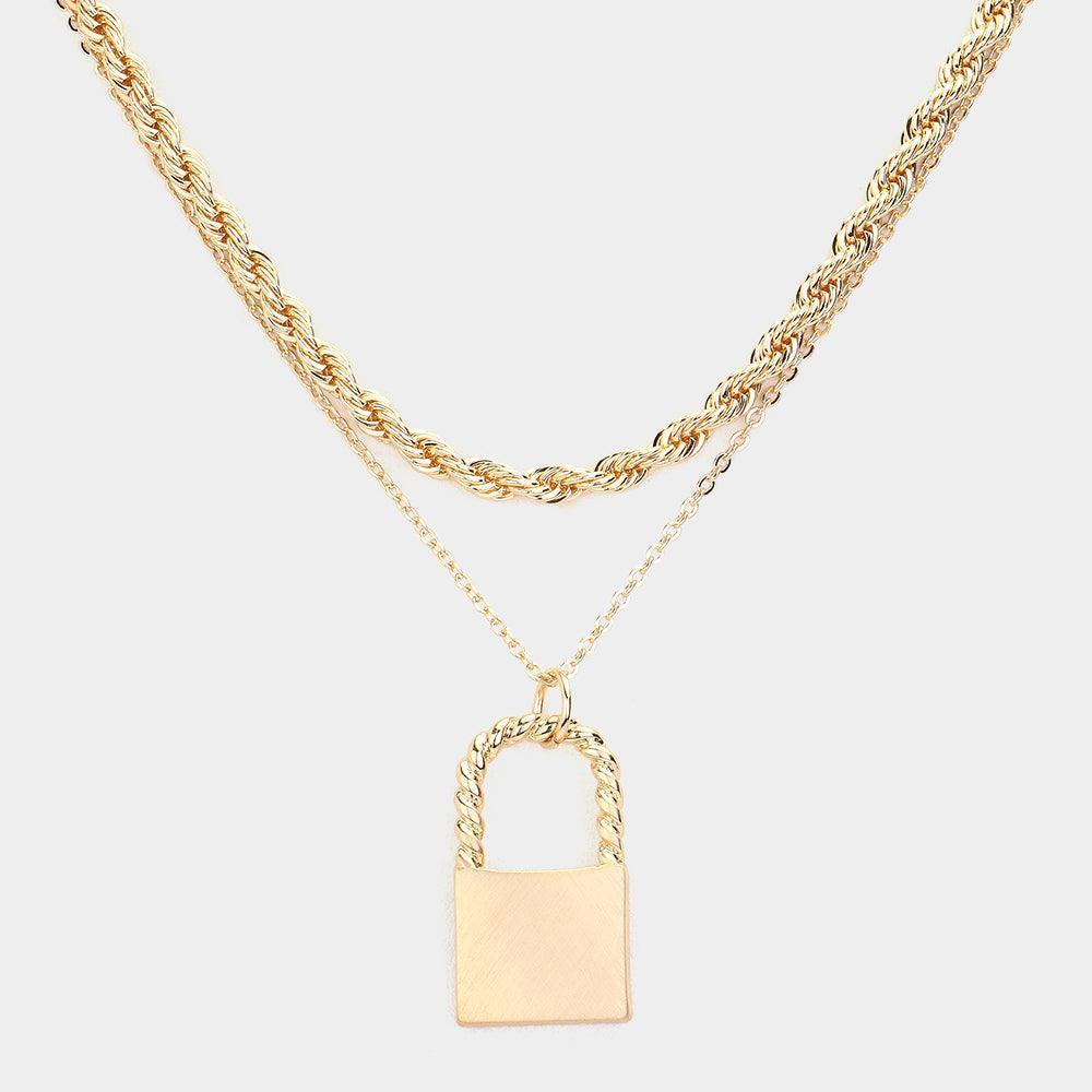 Gold Matte Metal Lock Pendant Double Layered Chain Necklace - Jewelry Store by Erik Rayo