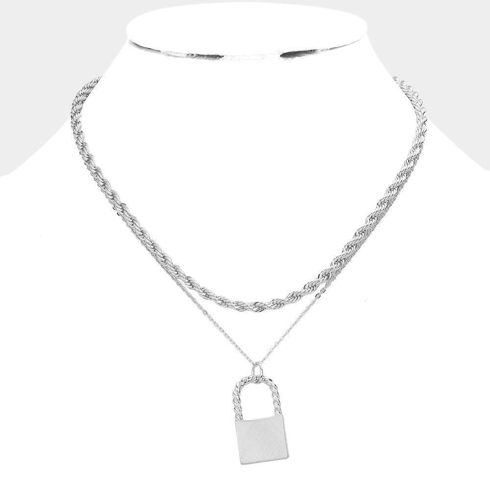 Silver Matte Metal Lock Pendant Double Layered Chain Necklace - Jewelry Store by Erik Rayo