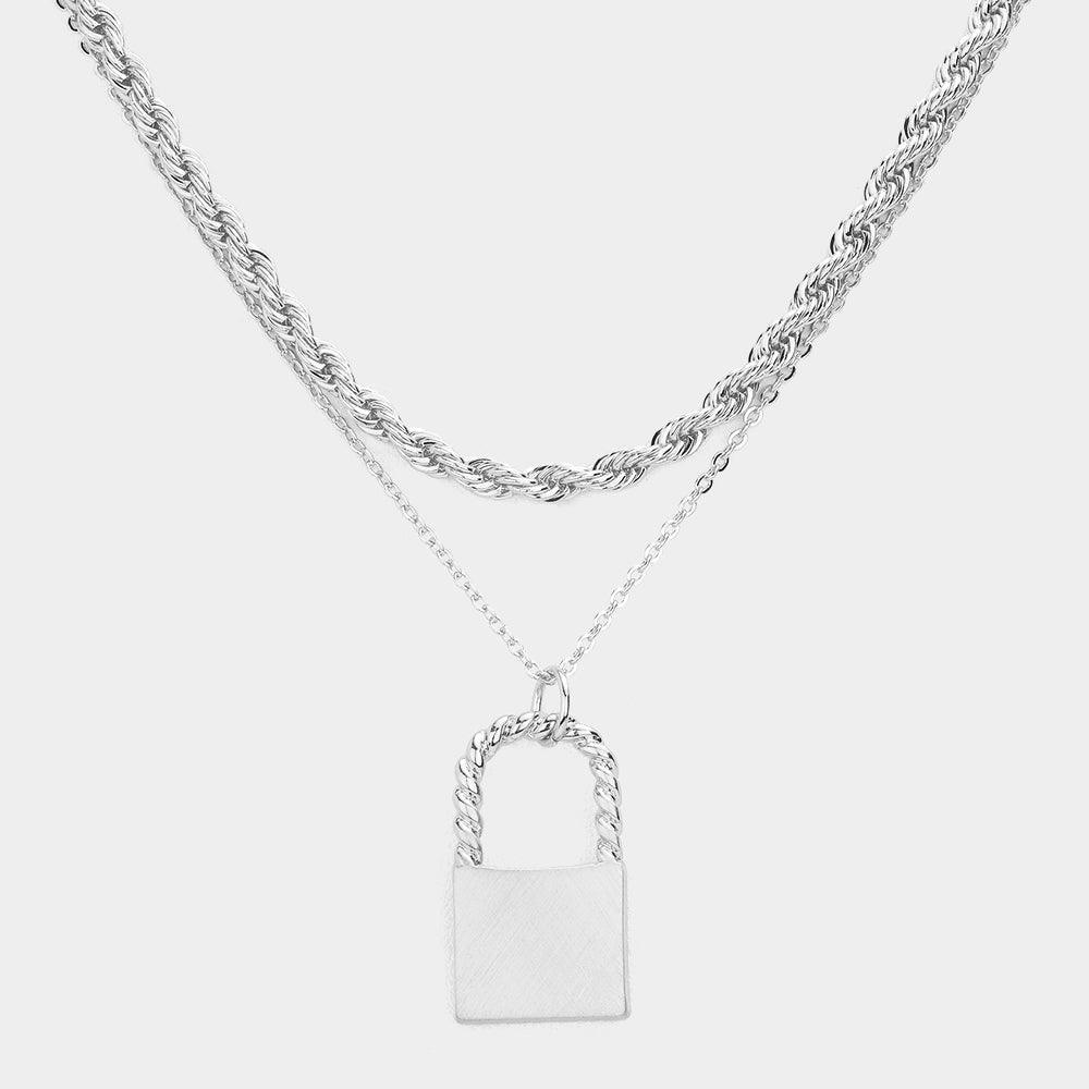 Silver Matte Metal Lock Pendant Double Layered Chain Necklace - Jewelry Store by Erik Rayo