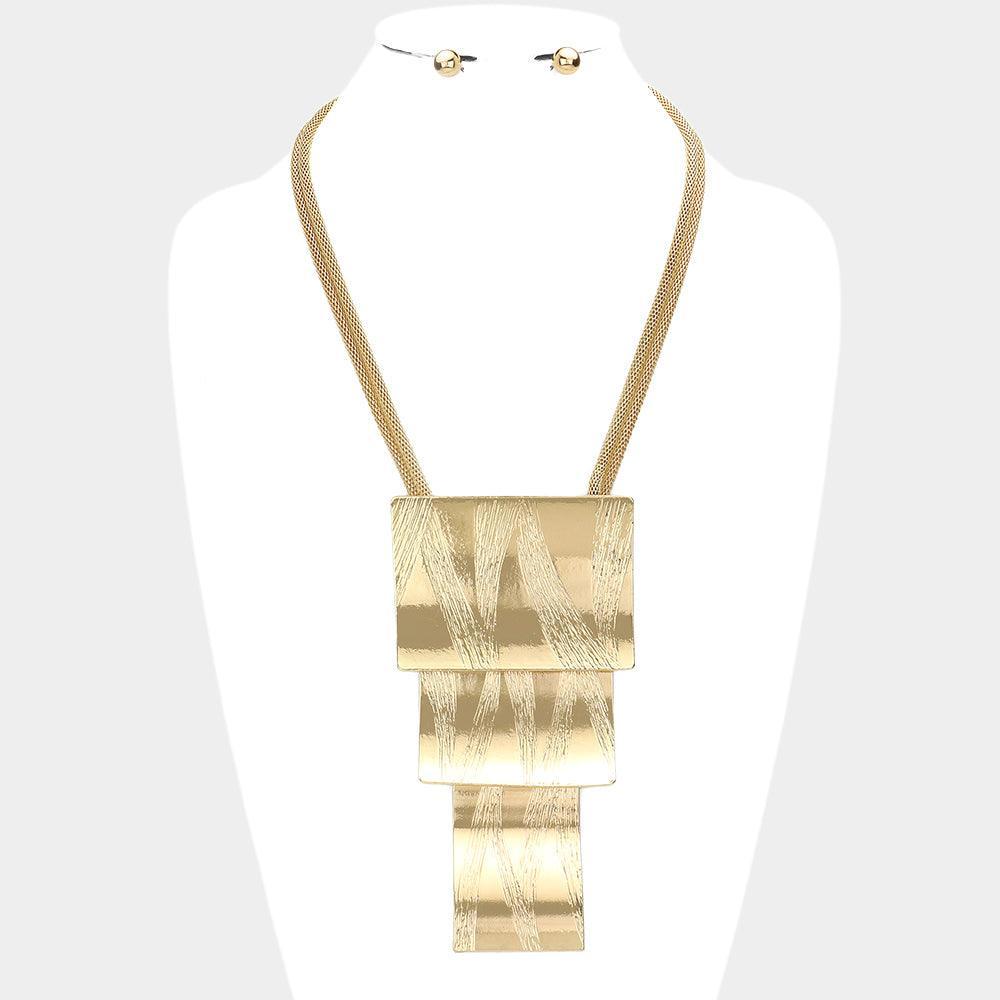 Gold Textured Curved Triple Metal Rectangle Layered Necklace