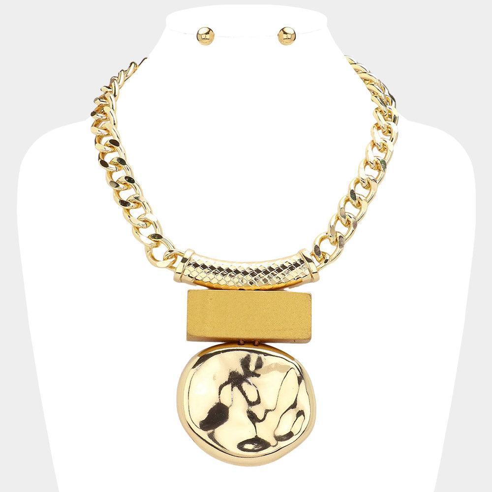 Gold Hammered Metal Wood Pendant Chunky Chain Statement Necklace - Jewelry Store by Erik Rayo