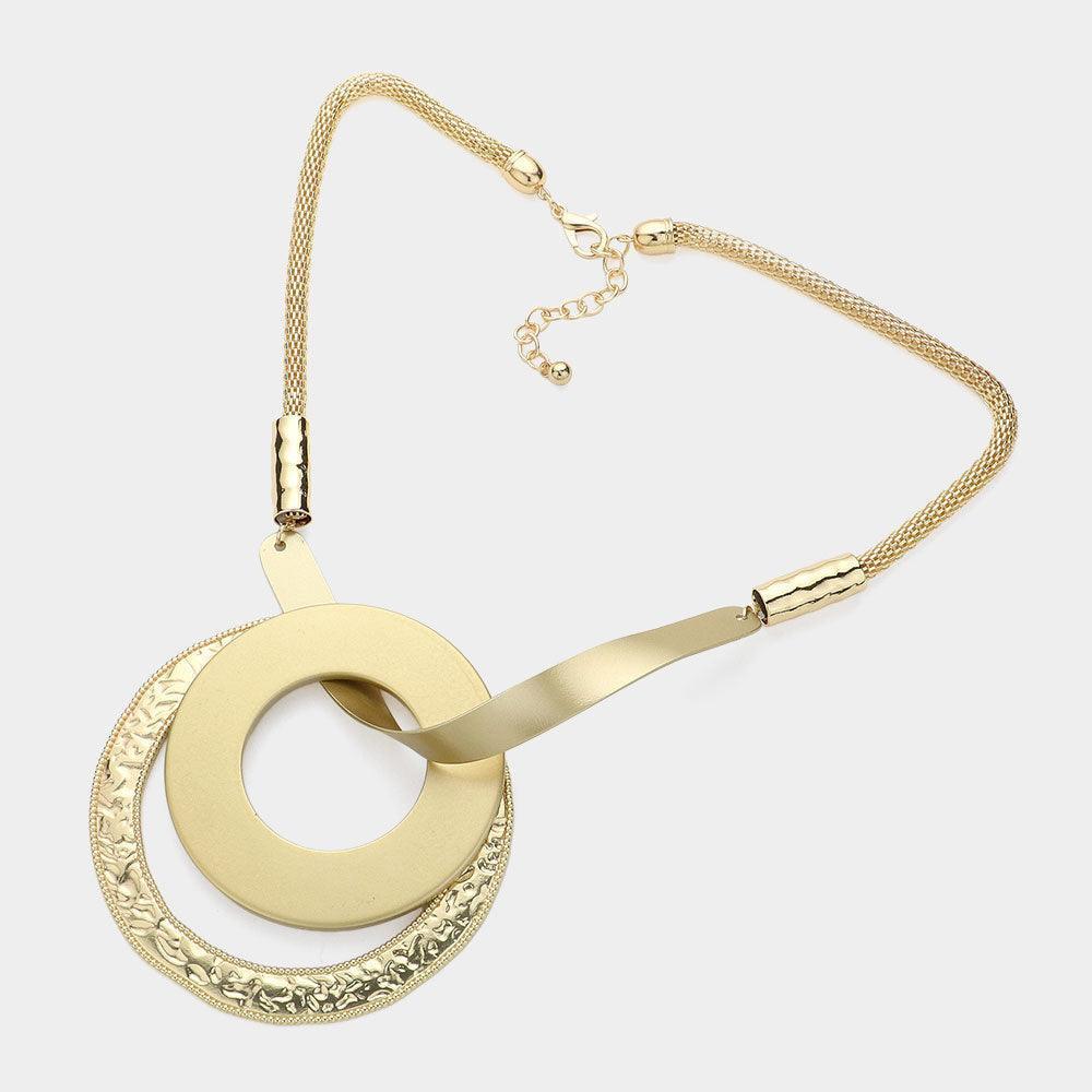 Gold Textured Metal Open Circle Plate Pendant Statement Necklace - Jewelry Store by Erik Rayo
