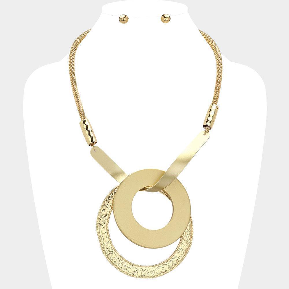 Gold Textured Metal Open Circle Plate Pendant Statement Necklace - Jewelry Store by Erik Rayo