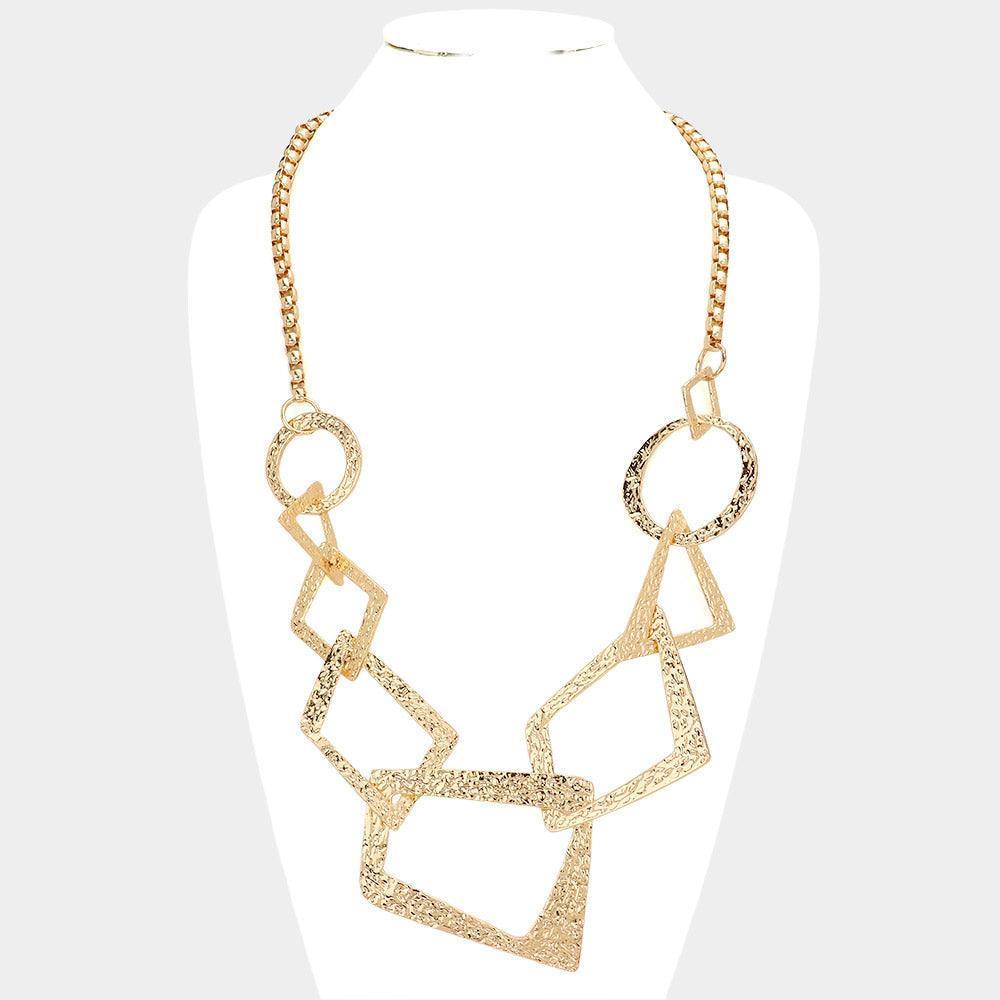 Gold Textured Metal Open Geometric Ring Link Necklace - Jewelry Store by Erik Rayo