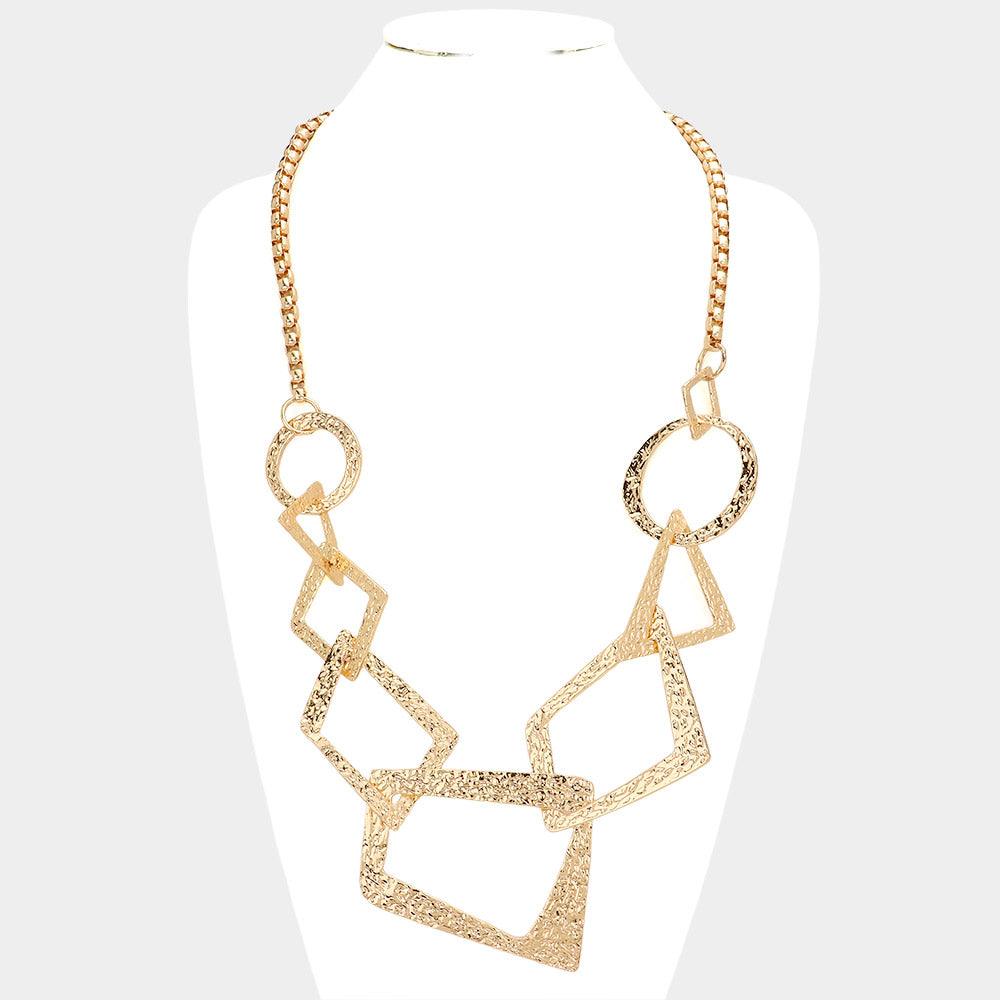 Gold Textured Metal Open Geometric Ring Link Necklace