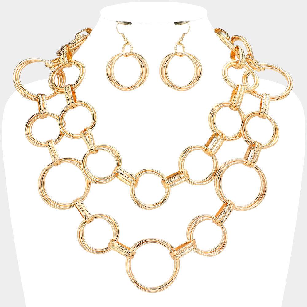 Gold Metal O Ring Link Layered Statement Necklace