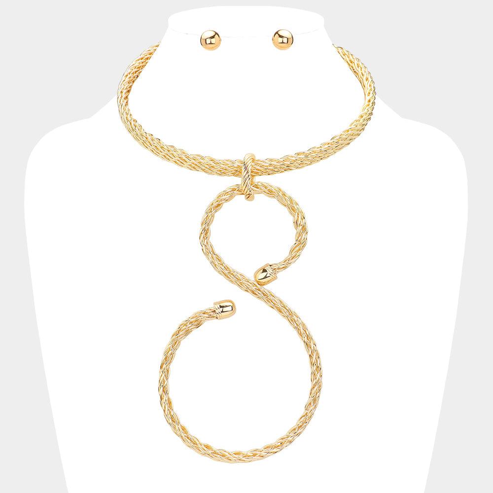 Gold Textured Metal Abstract Pendant Statement Necklace