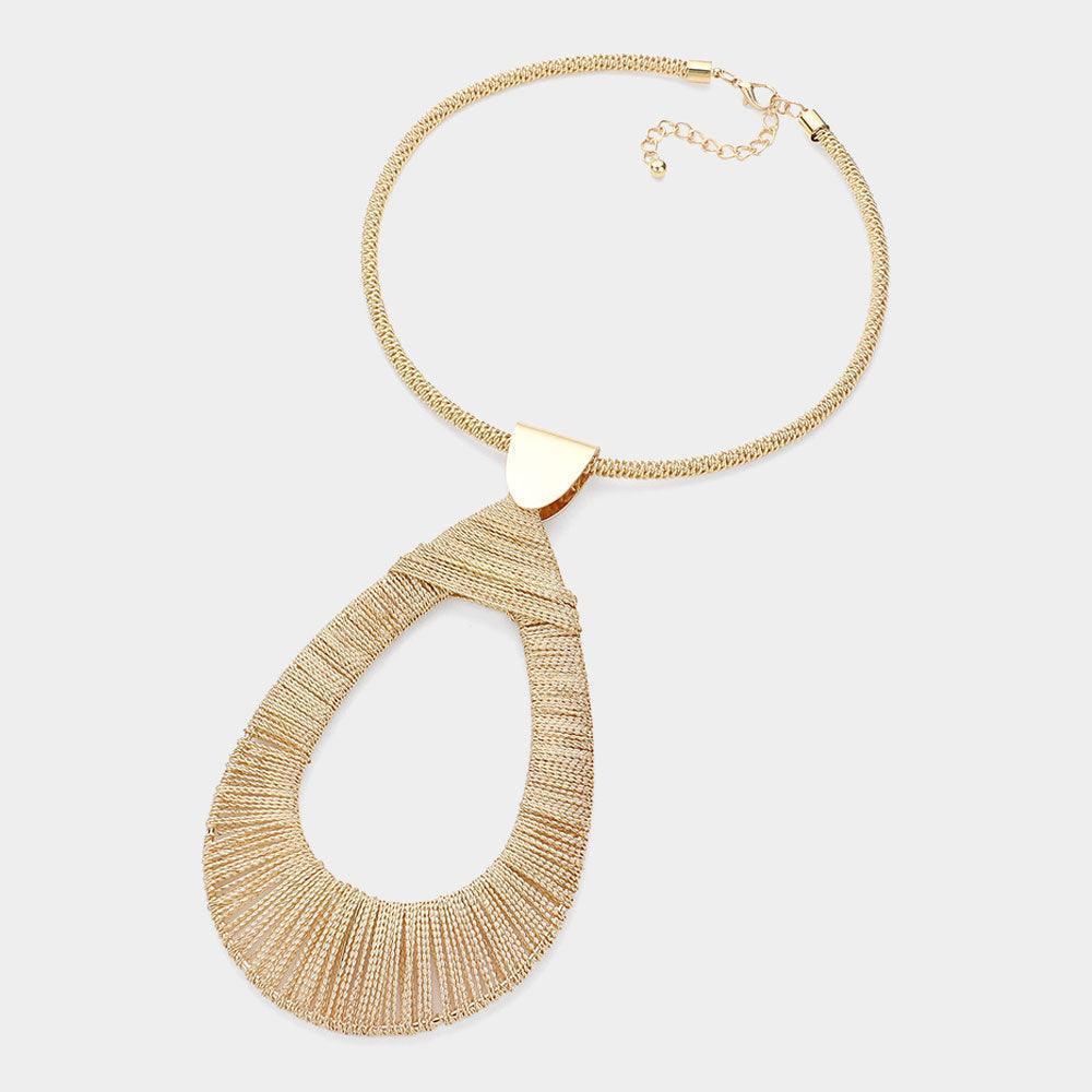 Gold Textured Metal Oversized Open Teardrop Pendant Statement Necklace - Jewelry Store by Erik Rayo