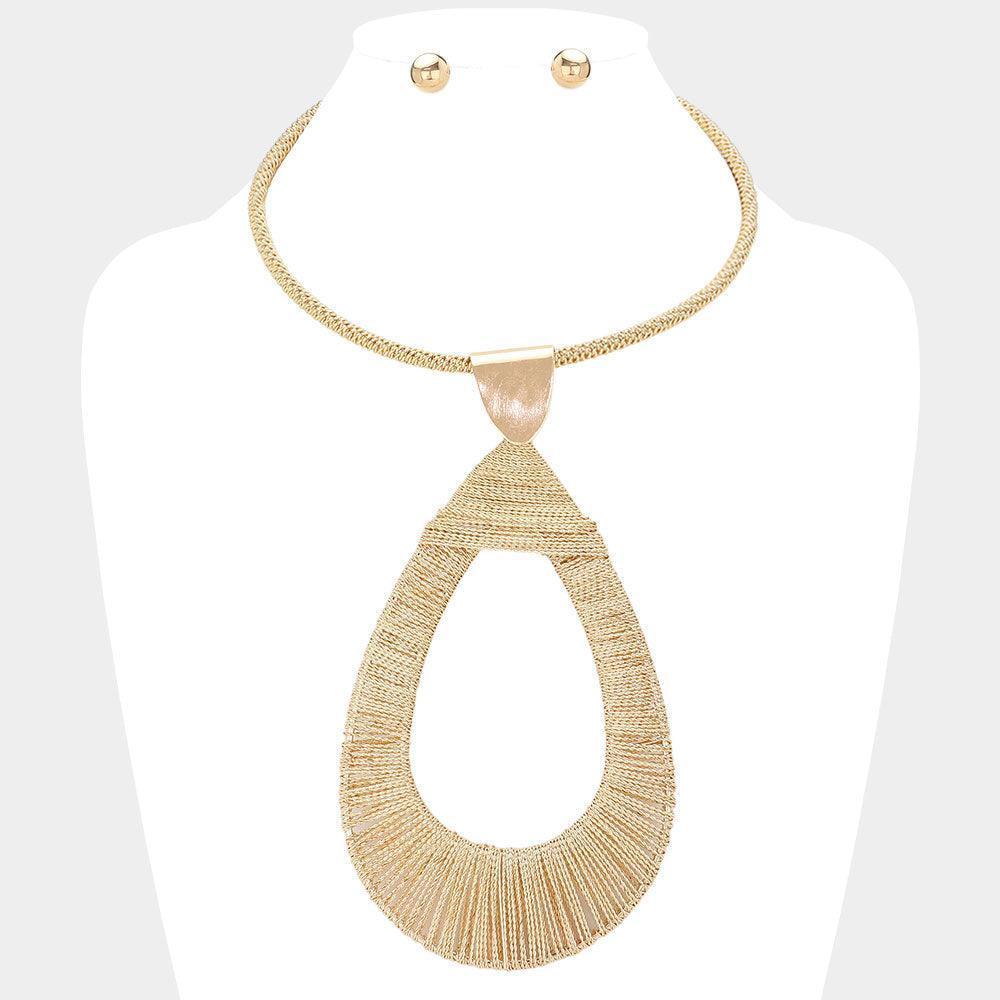Gold Textured Metal Oversized Open Teardrop Pendant Statement Necklace - Jewelry Store by Erik Rayo
