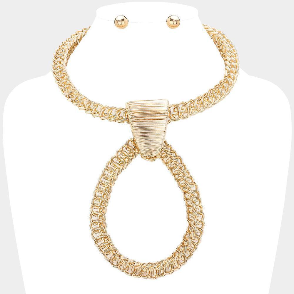 Gold Textured Metal Oversized Open Teardrop Pendant Statement Necklace - Jewelry Store by Erik Rayo