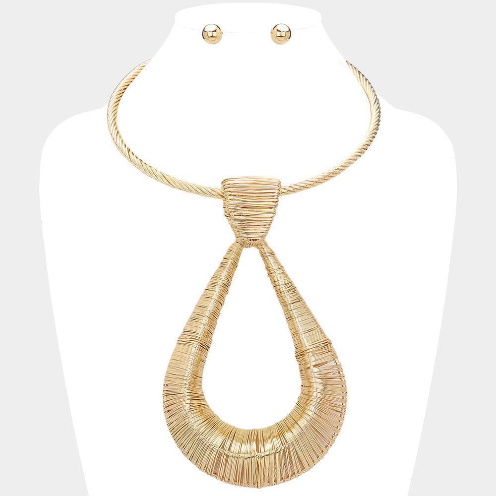 Gold Metal Wire Wrapped Oversized Teardrop Pendant Statement Necklace - Jewelry Store by Erik Rayo