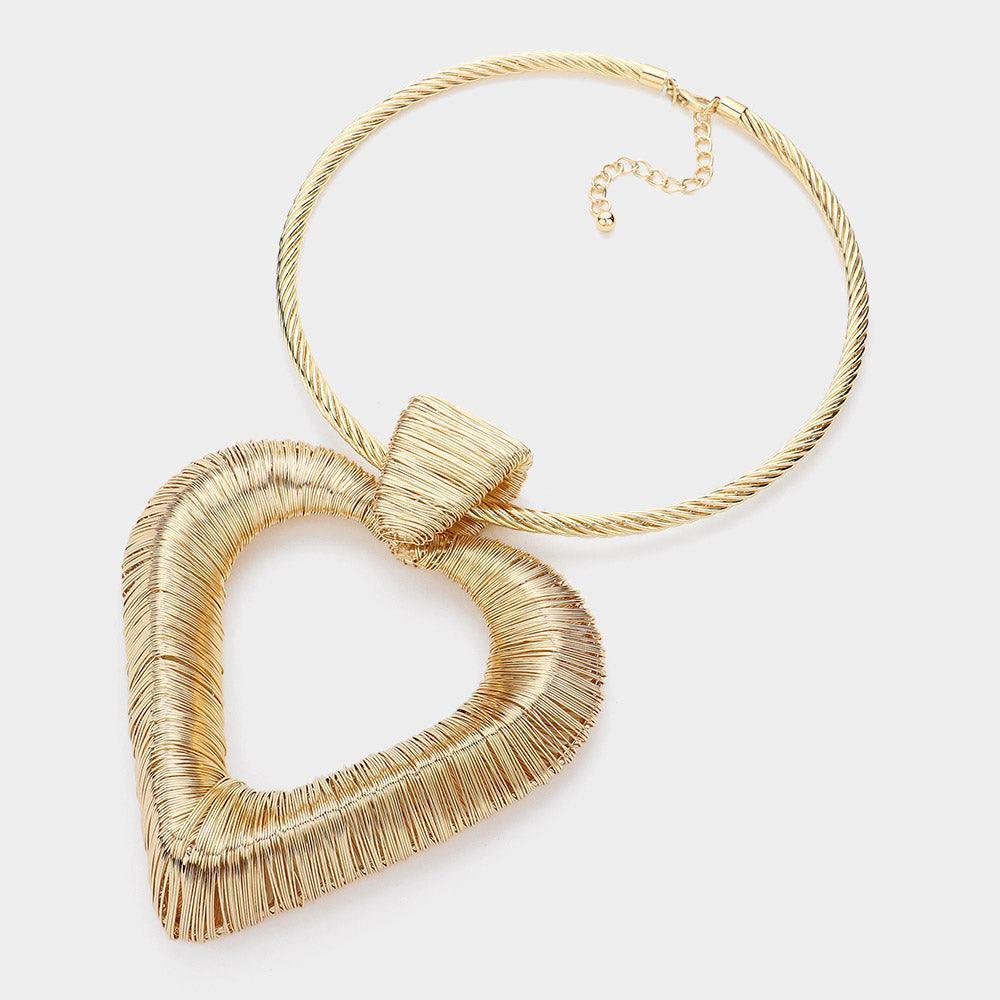 Gold Metal Wire Wrapped Oversized Heart Pendant Statement Necklace - Jewelry Store by Erik Rayo