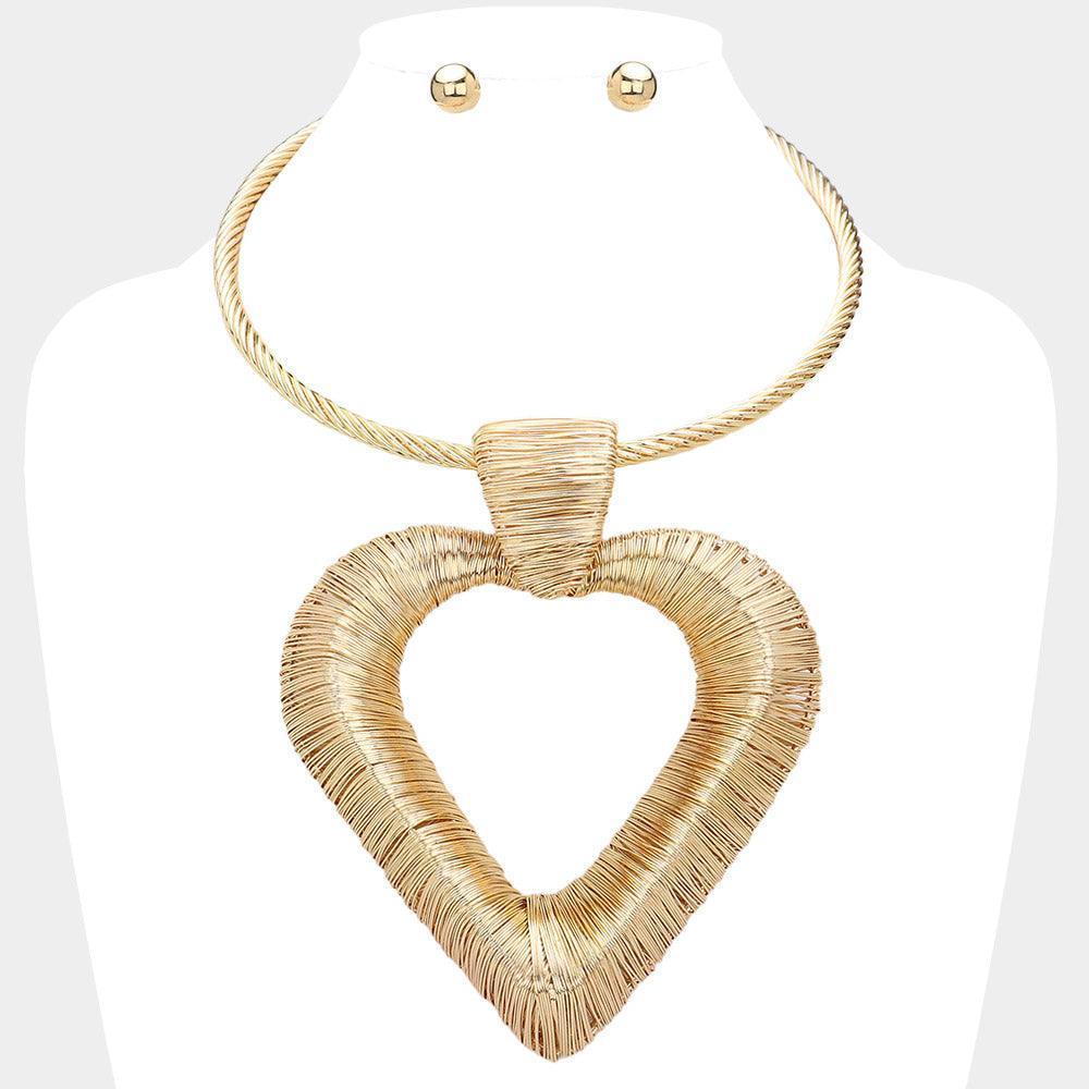 Gold Metal Wire Wrapped Oversized Heart Pendant Statement Necklace - Jewelry Store by Erik Rayo