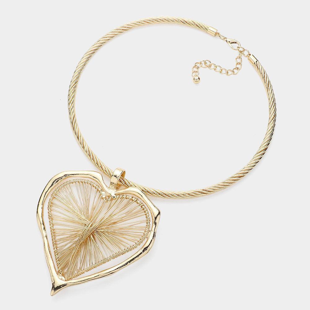 Gold Metal Wire Oversized Open Heart Pendant Statement Necklace - Jewelry Store by Erik Rayo