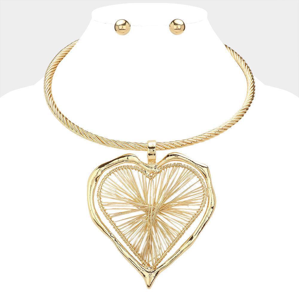 Gold Metal Wire Oversized Open Heart Pendant Statement Necklace - Jewelry Store by Erik Rayo