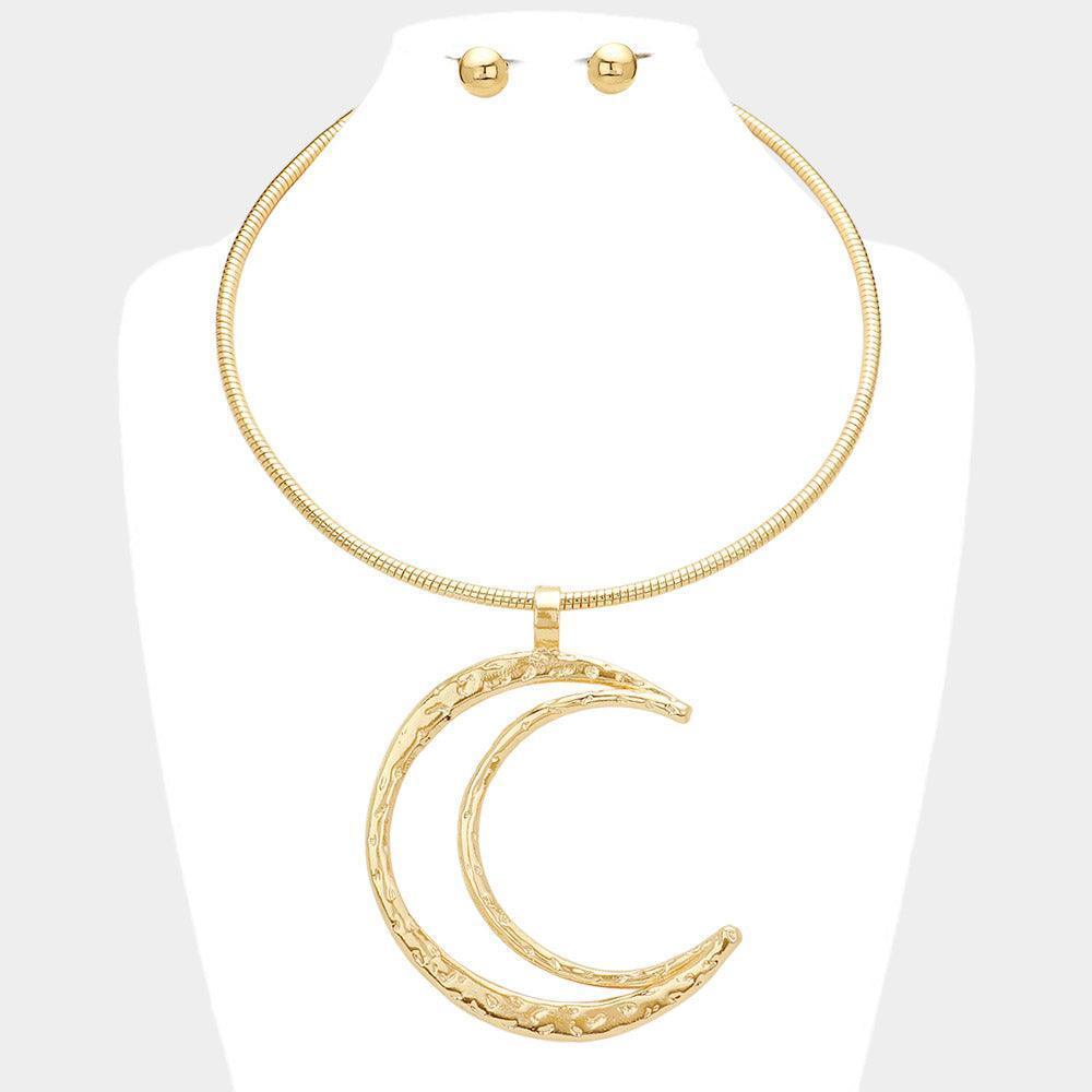 Gold Textured Metal Open Crescent Pendant Necklace - Jewelry Store by Erik Rayo