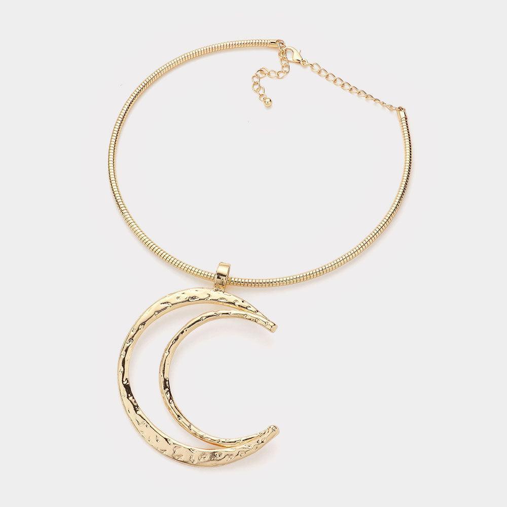 Gold Textured Metal Open Crescent Pendant Necklace - Jewelry Store by Erik Rayo