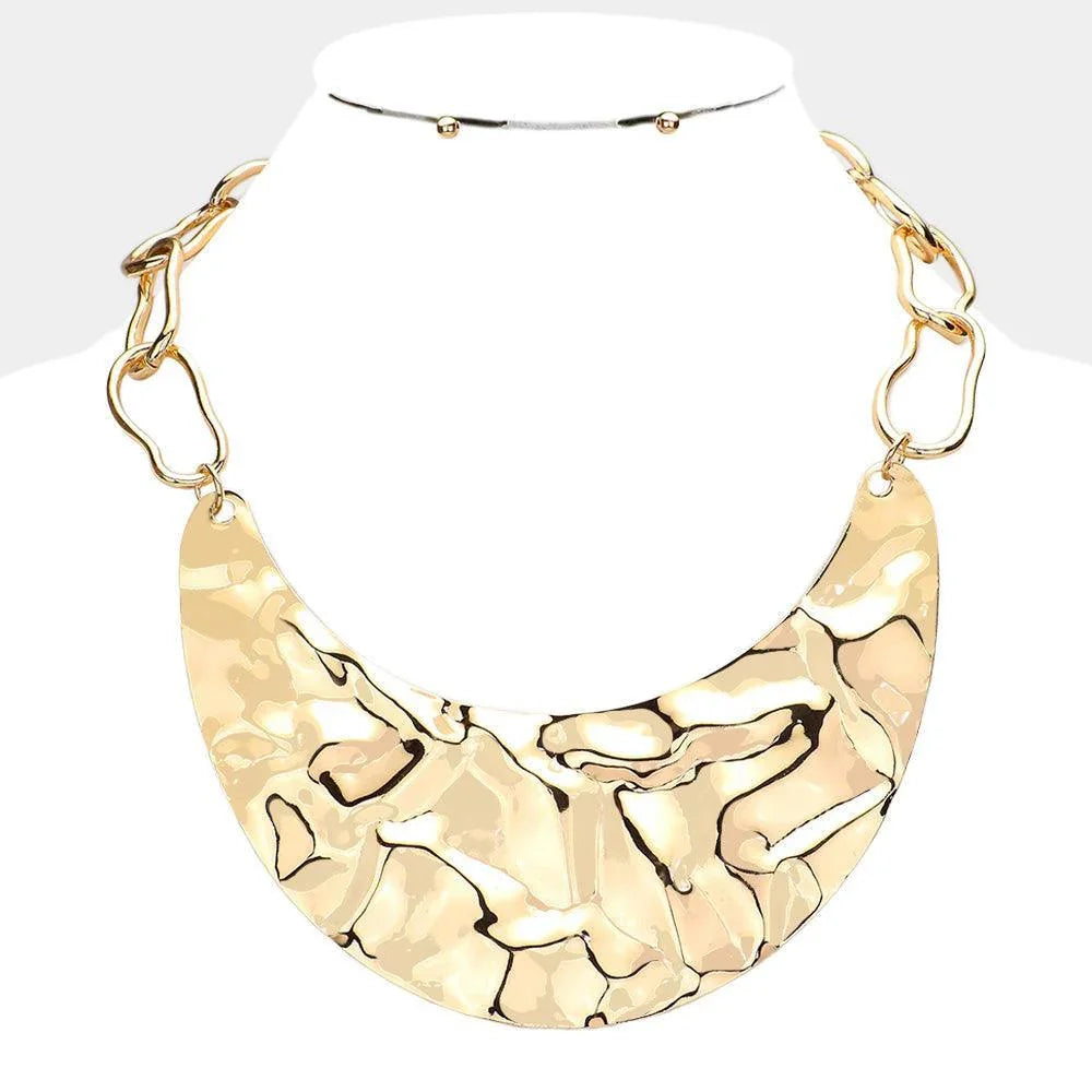 Gold Textured Crescent Metal Plate Front Bib Necklace - Jewelry Store by Erik Rayo