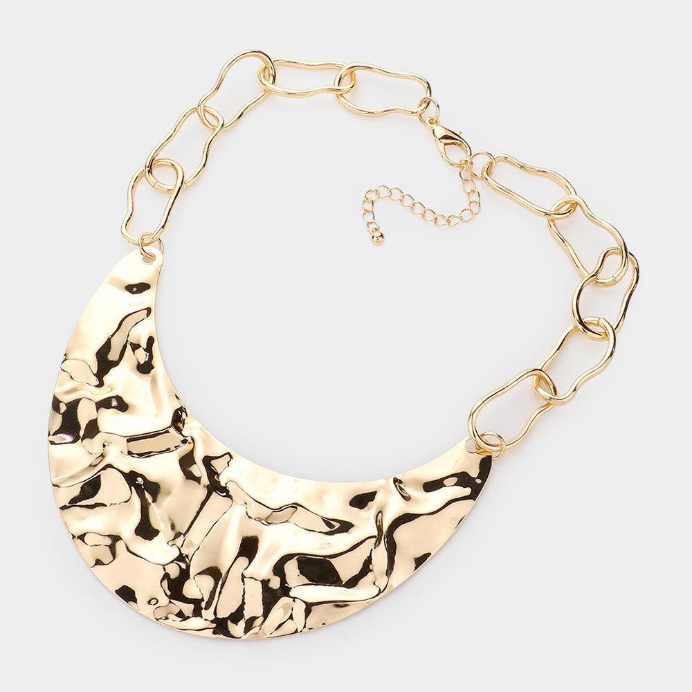 Gold Textured Crescent Metal Plate Front Bib Necklace - Jewelry Store by Erik Rayo