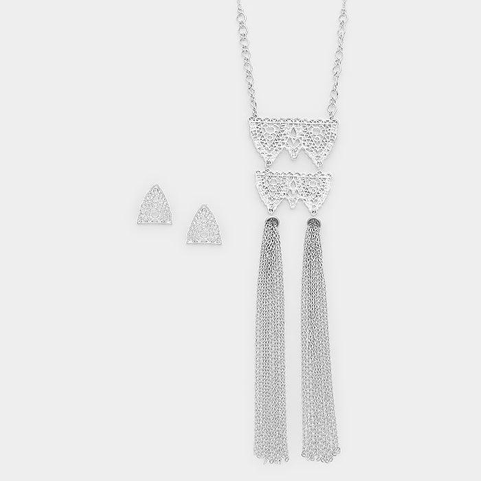 Silver Double metal chain tassel bib necklace - Jewelry Store by Erik Rayo