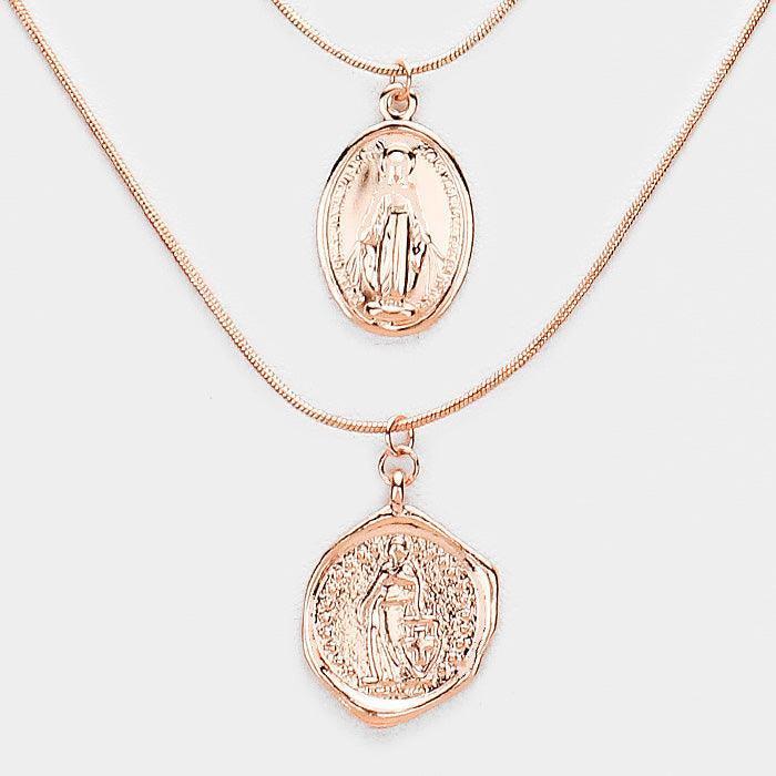 Rose Gold Layered Saint Mary Pendants Bib Necklace - Jewelry Store by Erik Rayo