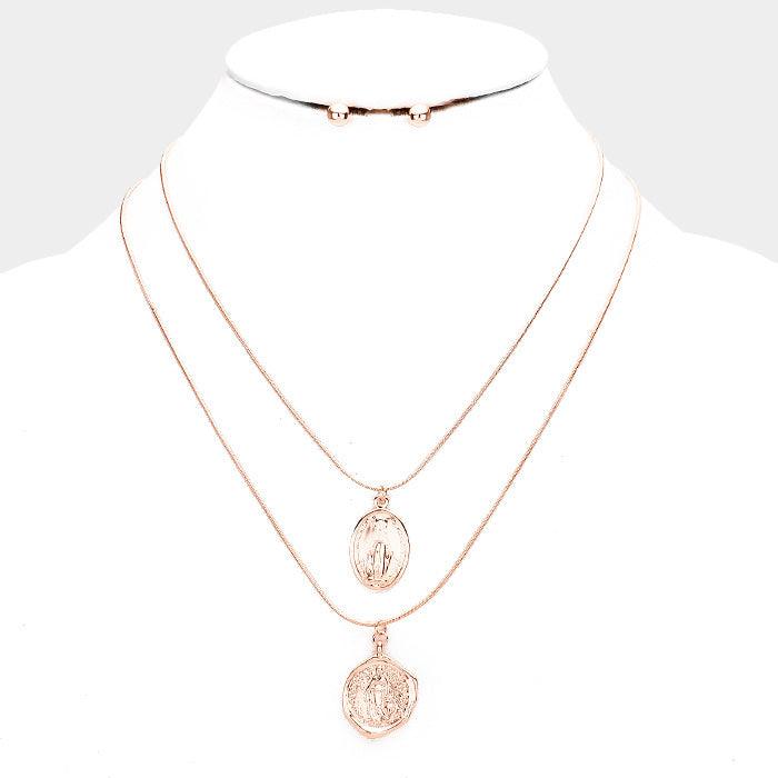 Rose Gold Layered Saint Mary Pendants Bib Necklace