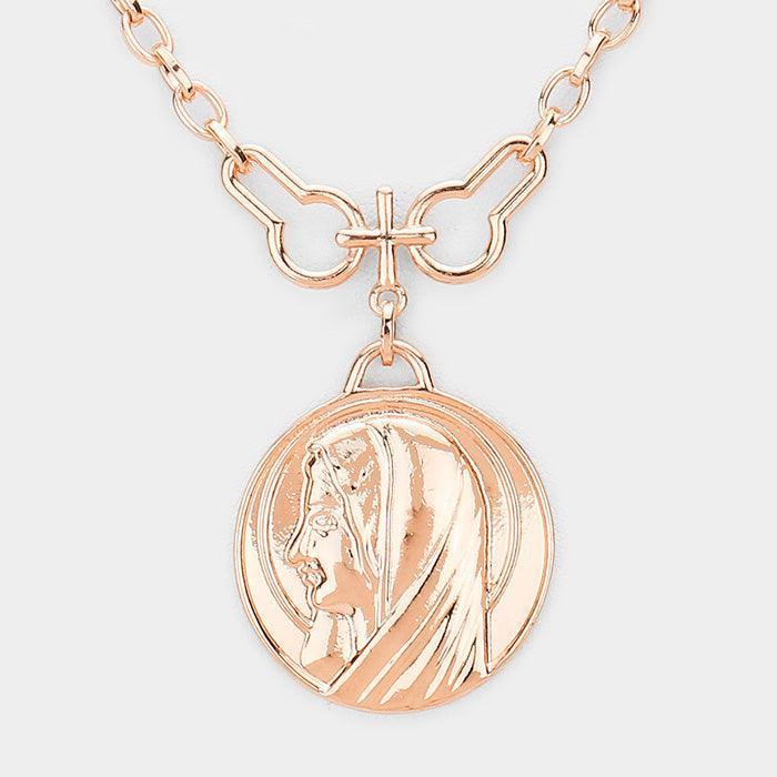 Rose Gold Layered Saint Mary Metal Pendant Necklace - Jewelry Store by Erik Rayo