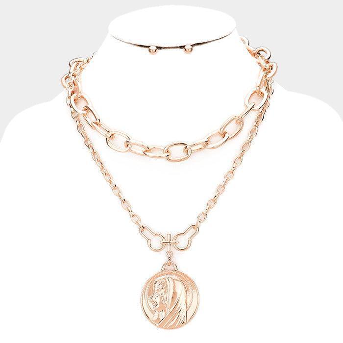 Rose Gold Layered Saint Mary Metal Pendant Necklace - Jewelry Store by Erik Rayo