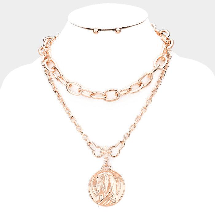 Rose Gold Layered Saint Mary Metal Pendant Necklace