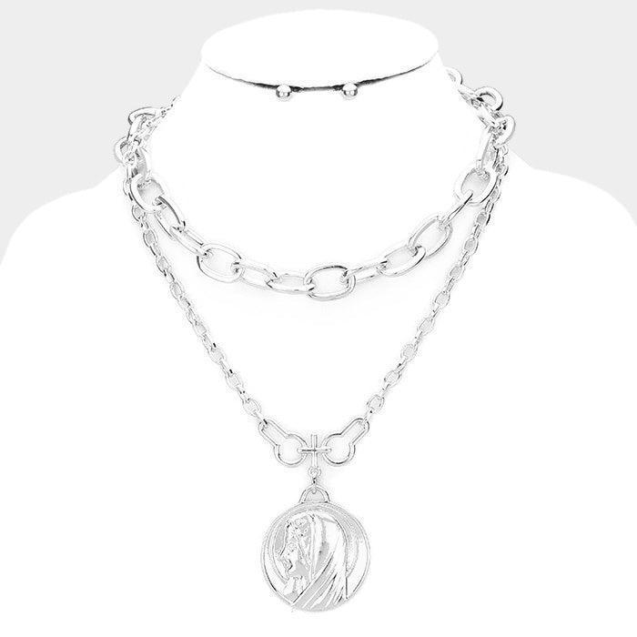 Rose Gold Layered Saint Mary Metal Pendant Necklace - Jewelry Store by Erik Rayo