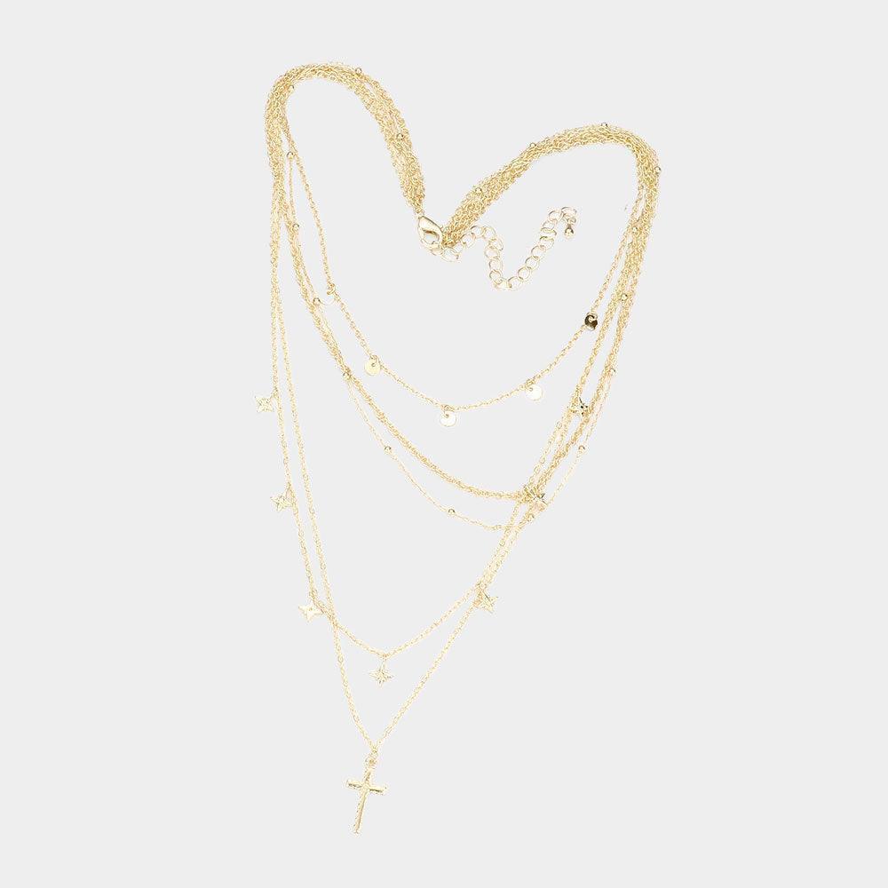 Gold Metal Disc North Star Cross Pendant Multi Layered Necklace - Jewelry Store by Erik Rayo