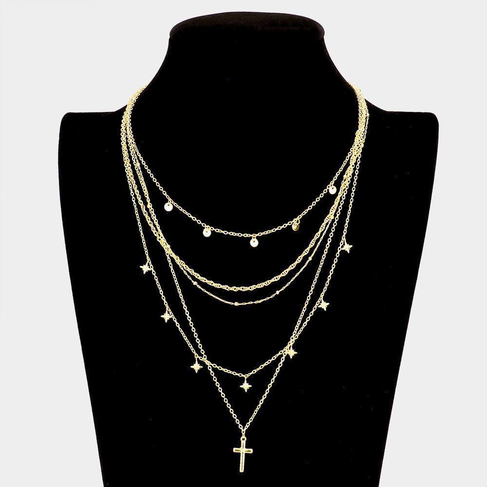 Gold Metal Disc North Star Cross Pendant Multi Layered Necklace - Jewelry Store by Erik Rayo