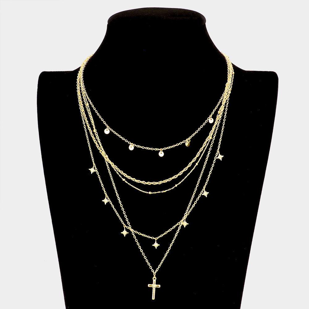 Gold Metal Disc North Star Cross Pendant Multi Layered Necklace