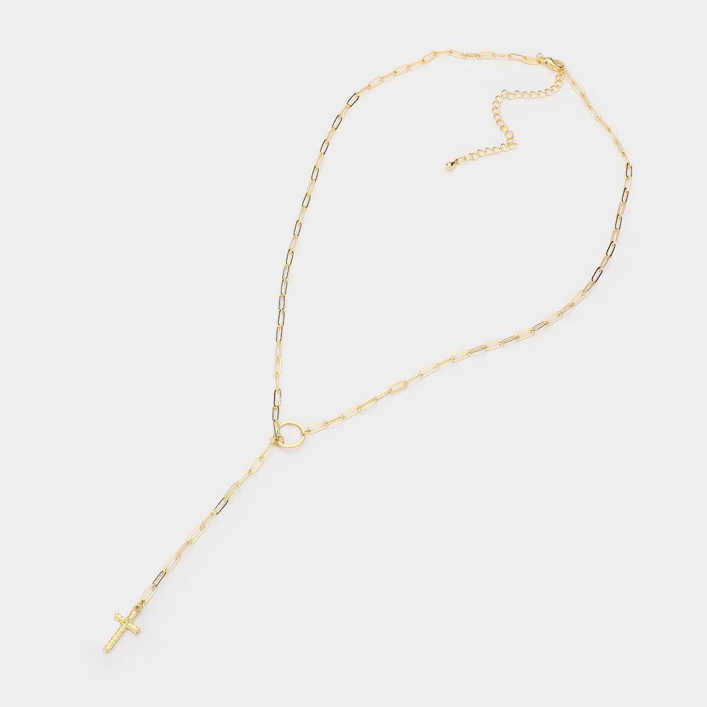 Gold Dropped Metal Cross Pendant Y Necklace - Jewelry Store by Erik Rayo