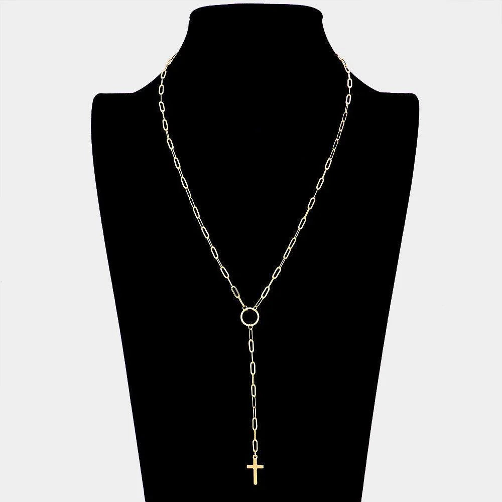 Gold Dropped Metal Cross Pendant Y Necklace - Jewelry Store by Erik Rayo