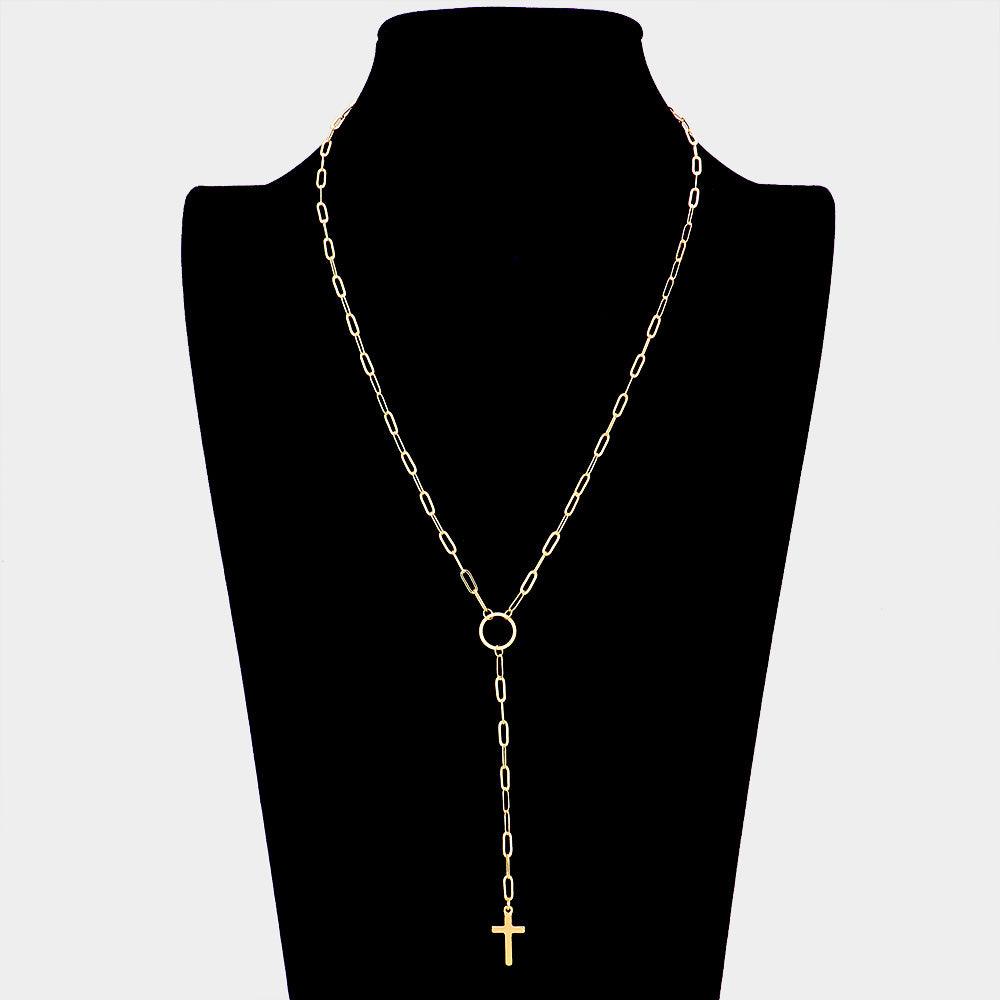 Gold Dropped Metal Cross Pendant Y Necklace