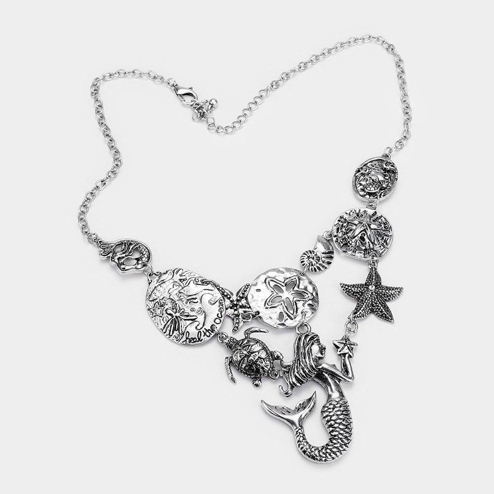 Silver Antique Metal Mermaid Sea Life Link Bib Necklace - Jewelry Store by Erik Rayo