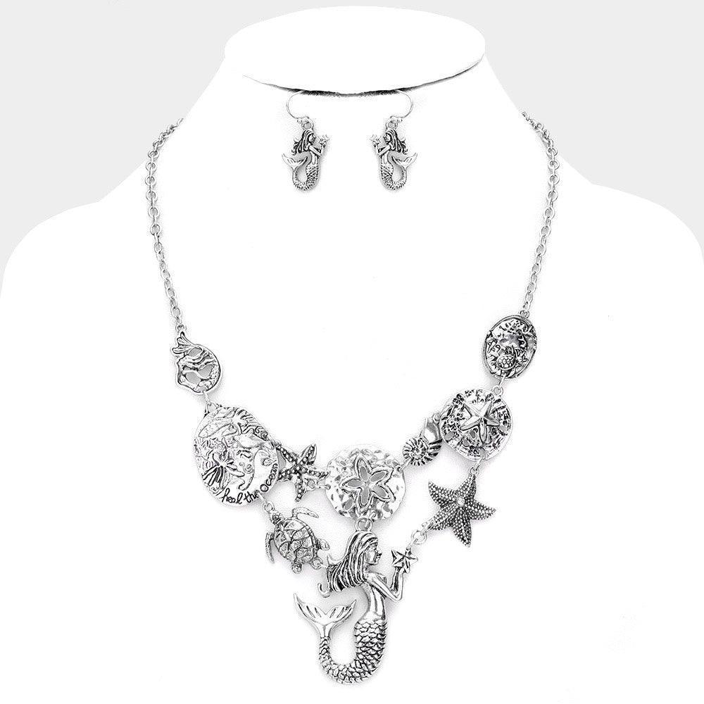 Silver Antique Metal Mermaid Sea Life Link Bib Necklace - Jewelry Store by Erik Rayo