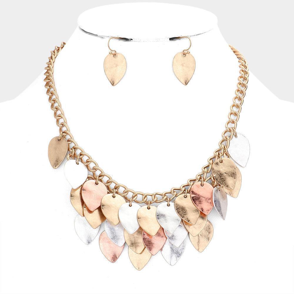 Three Tone Teardrop Charms Accented Metal Necklace - Jewelry Store by Erik Rayo