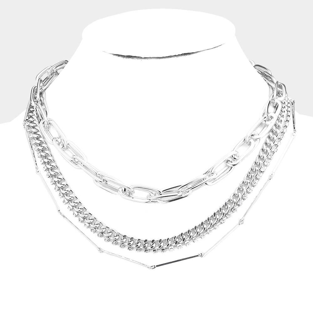 Layered Rhinestone Metal Chain Link Necklace