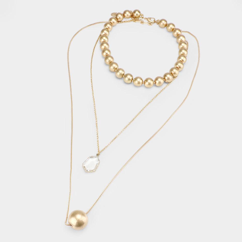 Gold Triple Layered Clear Hexagon Metal Ball Pendant Necklace - Jewelry Store by Erik Rayo
