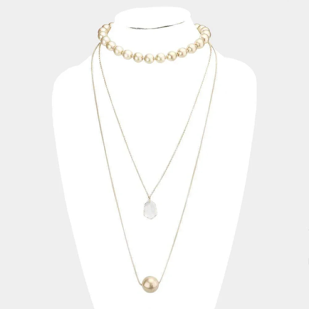 Gold Triple Layered Clear Hexagon Metal Ball Pendant Necklace - Jewelry Store by Erik Rayo