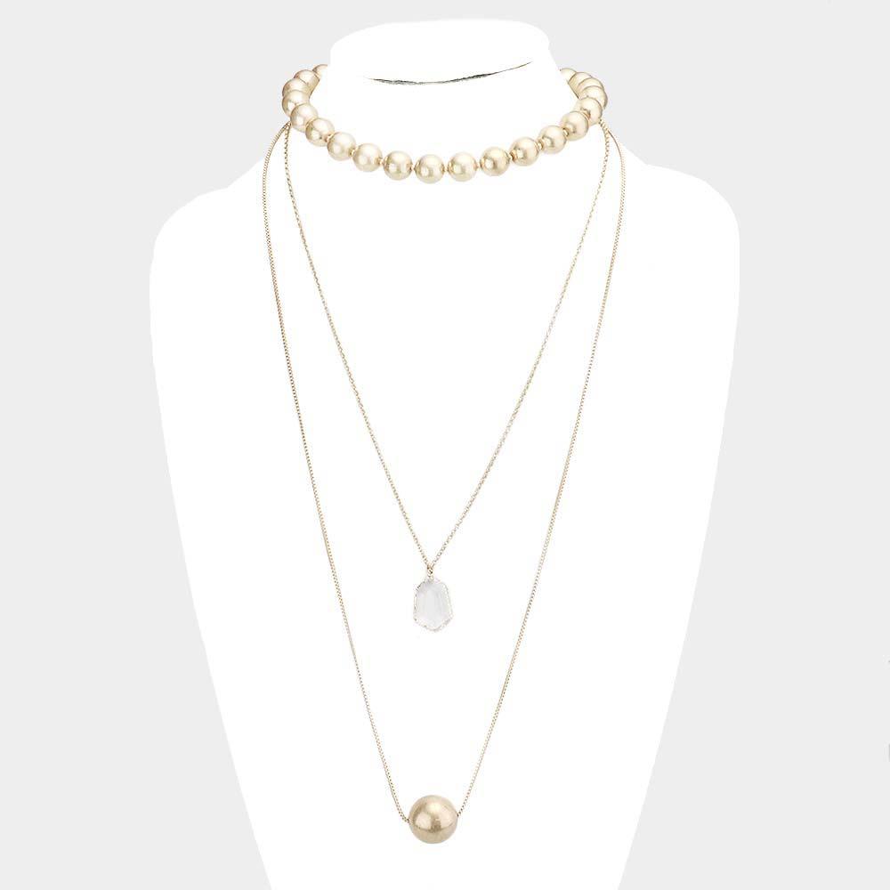 Gold Triple Layered Clear Hexagon Metal Ball Pendant Necklace