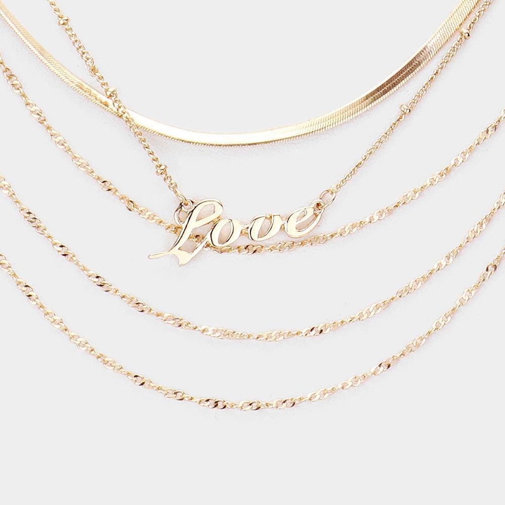 Gold Love Pendant Multi Layered Metal Chain Bib Message Necklace - Jewelry Store by Erik Rayo
